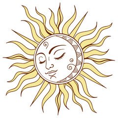 Stylized sun with face and wavy rays celestial solar