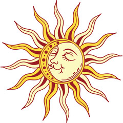 Celestial sun face with radiating rays smiling