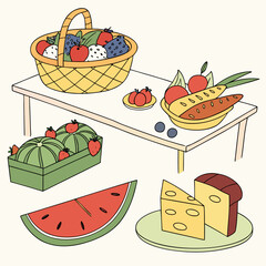 Assorted fruits and cheese on white background basket