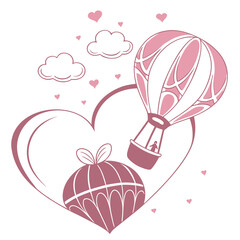 Pink hot air balloon and heart clouds love