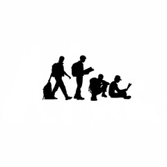 Silhouette of students camping and learning survival skills on white background