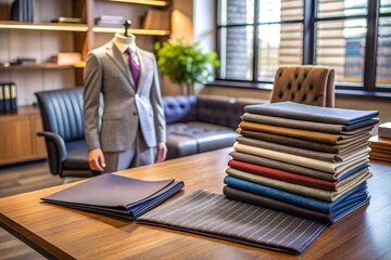 Luxury men's suit fabrics:  tailor's office, elegant textures, sophisticated style, high-end materials.