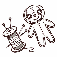 Voodoo doll and sewing spool thread needle