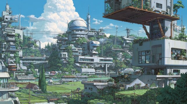 Anime background Hypothetical utopian society layout advanced technologies integrated seamlessly citizens living harmoniously