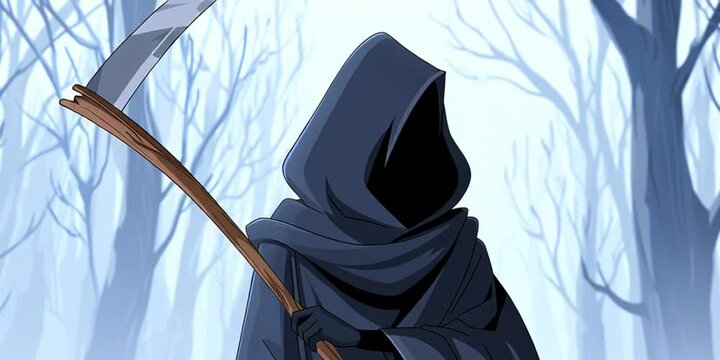 Anime style grim reaper in black cloak walking in snowy winter forest
