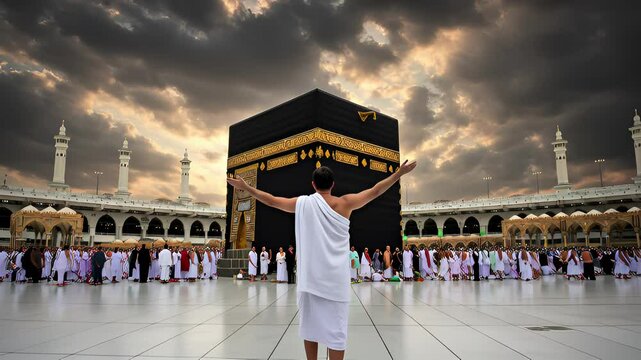 Pilgrims gathering around the Kaaba in Mecca, Saudi Arabia, during the Hajj season, showcasing