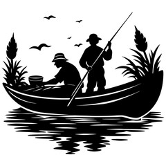 fishermen on fishing boat shilhoutte on white background