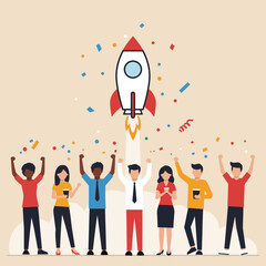 A diverse team celebrates a successful launch of a rocket ship.