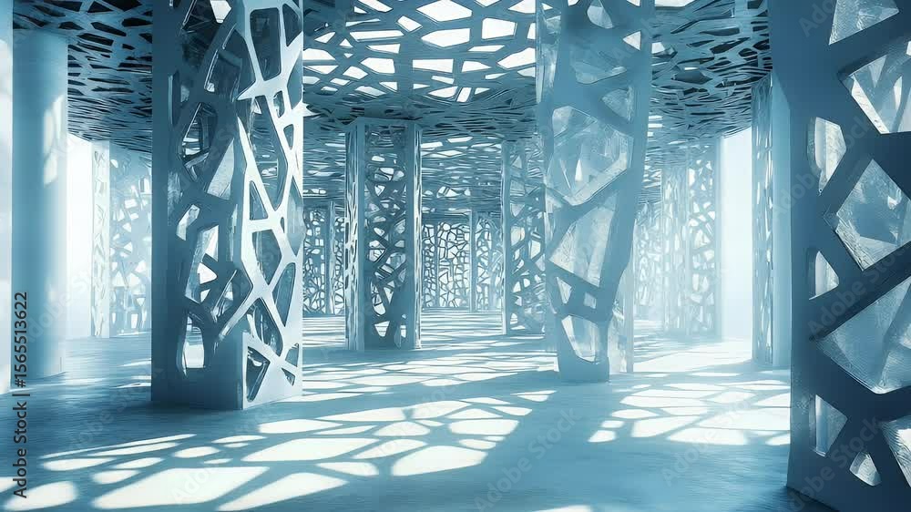 Poster abstract architectural space with intricate white structures creating shadows on the floor and walls