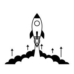 Fototapeta premium Rocket launching upwards with smoke and flames, symbolizing progress and ambition in a simple, graphic style.