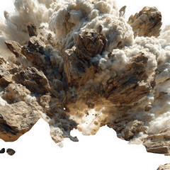 A dramatic explosion of brown and beige rocks isolated on transparent background