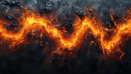 Molten lava flows over rough volcanic rock