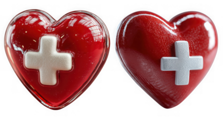 Two shiny red hearts with a white cross isolated on transparent background
