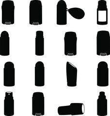 Deodorant Stick and Roll-On Bottle Silhouettes Collection, Various Personal Care Product Containers for Hygiene and Grooming.