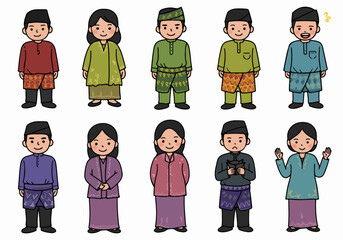 Cartoon illustrations of Malay/Malaysian/Indonesian people wearing traditional Baju Melayu and Baju Kurung, showcasing cultural diversity and traditional attire.