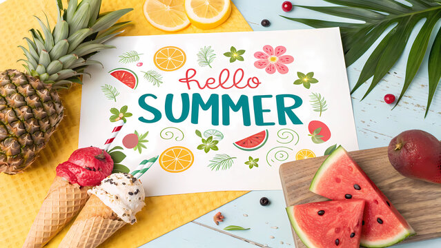 Summer fruit ice cream tropical vibes hello summer concept for summer season and summer holiday fun - Powered by Adobe