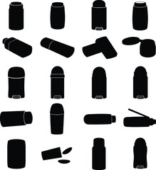 Deodorant Stick and Roll-On Bottle Silhouettes Collection, Various Personal Care Product Containers for Hygiene and Grooming.