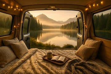 Cozy camper van interior with blankets, pillows, lights and open doors to scenic mountain lake view. Warm sunrise vibe
