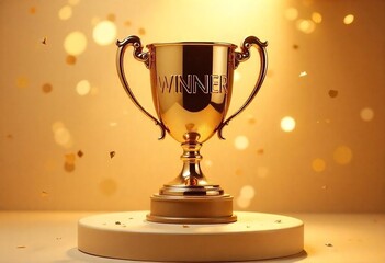 Elegant Award Trophy on Podium with Sparkling Gold Confetti Backdrop, Ideal for sports blog posts, competition announcements, or motivational visuals, winner reveals