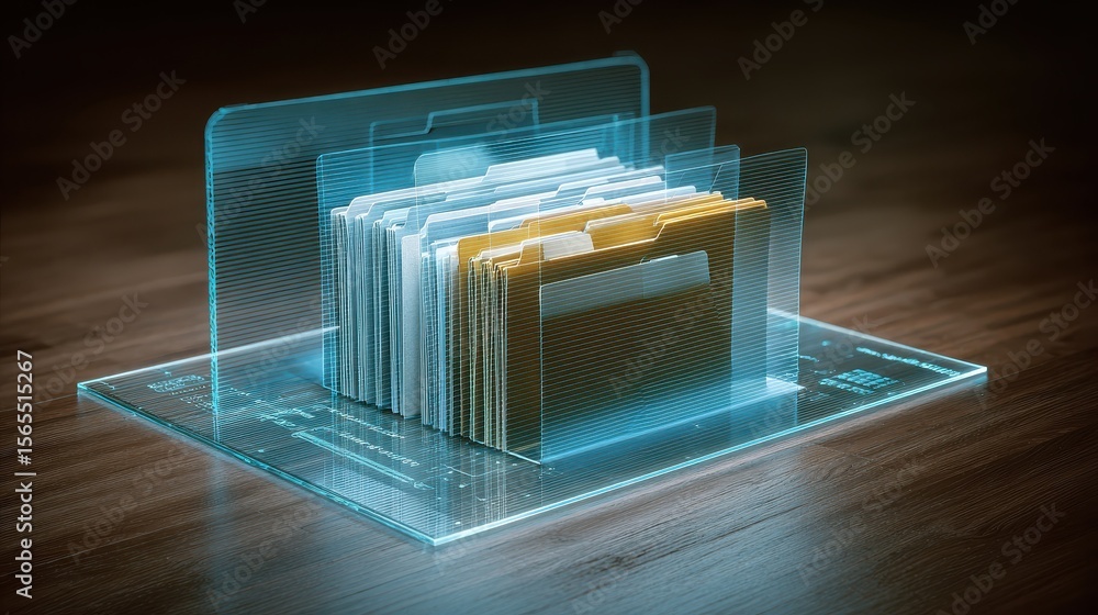 Poster interactive holographic display featuring files. folders for document management system dms