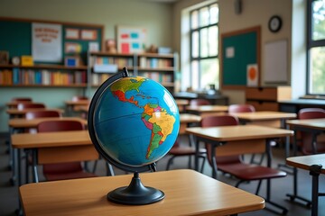 Empty Classroom with World Globe on Desk Bookshelves and Desks in the Background for Educational Institutions