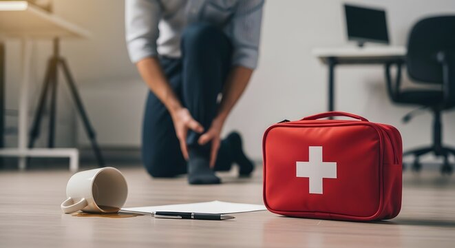 Ankle injury accident at the office needing first aid after spilling coffee, showing workplace safety and potential medical care.