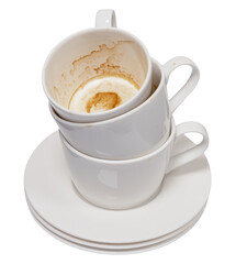 Coffee culture concept, stack of used white ceramic coffee cups with dirty stain coffee piled up with saucer isolated on white background.