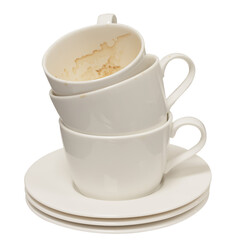 Coffee culture concept, stack of used white ceramic coffee cups with dirty stain coffee piled up with saucer isolated on white background.