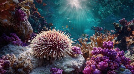 Sea urchin resting on coral underwater amid vibrant marine life