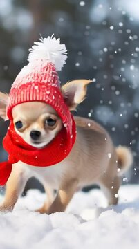 rambunctious chihuaha puppy in knitted scarf and hat playing in the winter snow