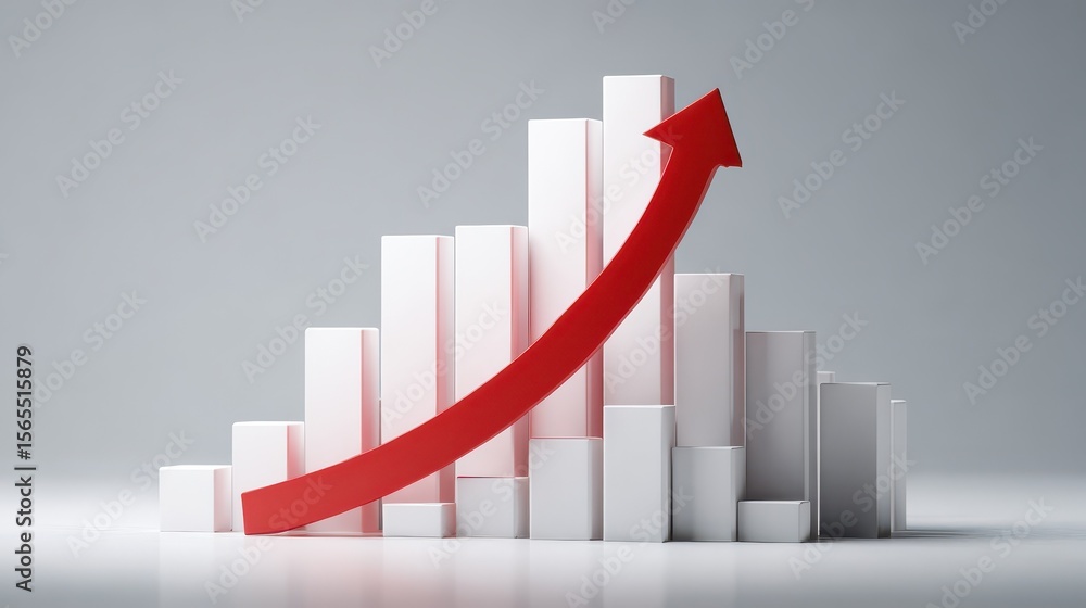 Poster a histogram with a red arrow going up symbolizing business growth