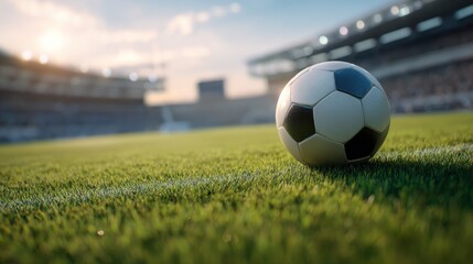 Fototapeta premium Ball on the green field in soccer stadium. Ready for game in the midfield. Soccer ball close-up.
