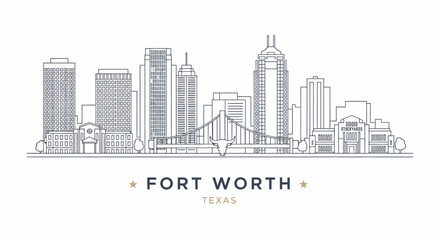 Fototapeta premium Minimalist Fort Worth, Texas Skyline Illustration with Buildings and Bridge