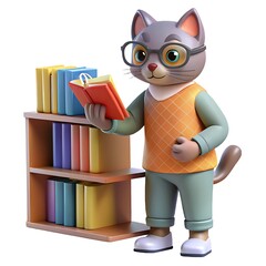 Cat reading book by bookshelf cartoon character illustration education learning library study 3d render