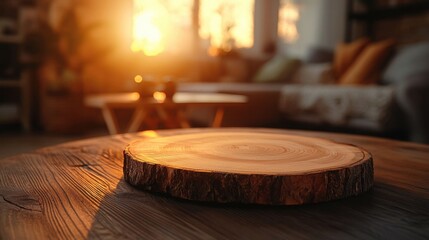 Sunset Wooden Table Centerpiece Glows Warm Golden Hues in Cozy Interior Atmosphere