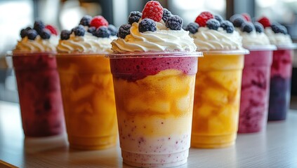 Colorful fruit smoothies in cups