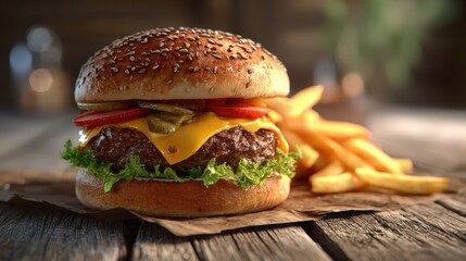 Cheeseburger with fries on a rustic wooden table