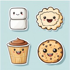 Joyful Kawaii Dessert Characters: Playful Marshmallow, Cookie, and Cupcake Illustrations