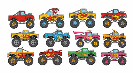 Colorful Cartoon Monster Trucks with Flames and Big Wheels © Pemburu