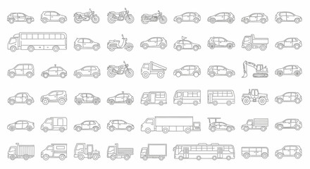Line Art Transportation Icons: Cars, Trucks, Buses, Motorcycles, and Construction Vehicles