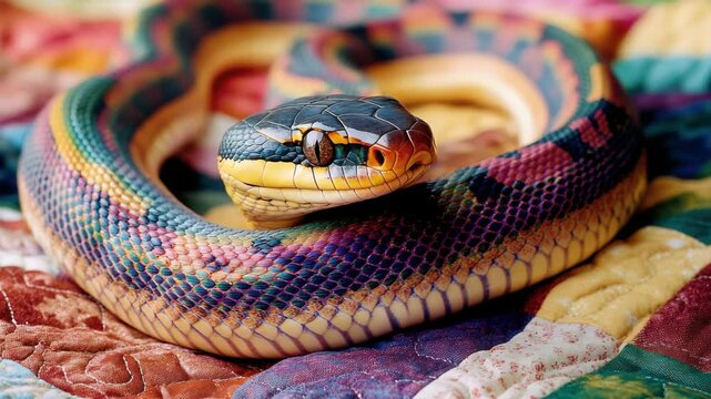 A colorful snake is laying on a bed. The snake is yellow, blue, and green. The snake is curled up and has a black head