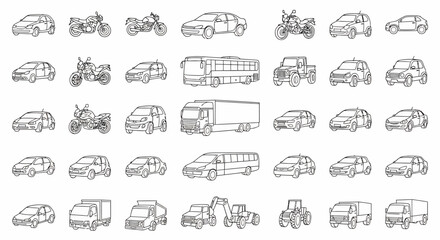 Black and White Line Art of Cars, Trucks, Motorcycles, and Buses