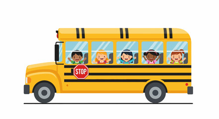Cheerful School Bus with Children Waving, Vector Illustration