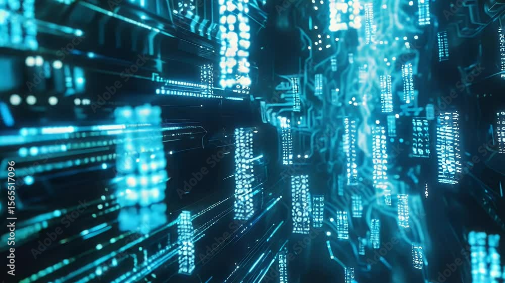 Poster abstract blue digital circuit board with glowing lines and data streams. futuristic technology backg