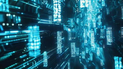 Abstract blue digital circuit board with glowing lines and data streams. Futuristic technology background with depth of field effect. - Powered by Adobe