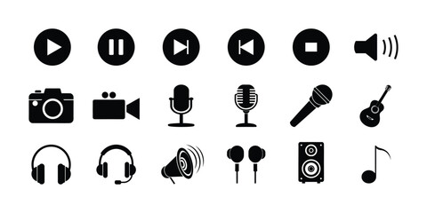 Vector Music and Media Icon Set, Play, Record, Microphone, Speaker, Headphones Design