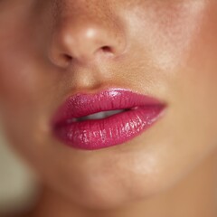 Naklejka premium Glossy Lipstick Beauty Close-Up: Radiant Skin & Elegant Natural Makeup Artistry