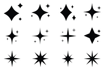 Sparkle Icons. Twinkle stars set. Shine star icons. Shine, glitter, twinkling star.  star shapes suggesting sparkle or cleanliness in solid black.