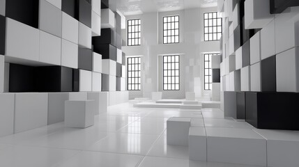 Abstract interior design created with white and black cubes and windows.