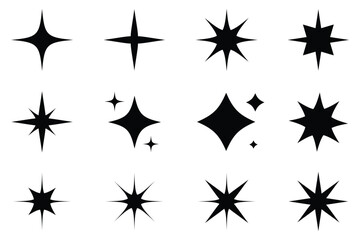 Sparkle Icons. Twinkle stars set. Shine star icons. Shine, glitter, twinkling star.  star shapes suggesting sparkle or cleanliness in solid black.